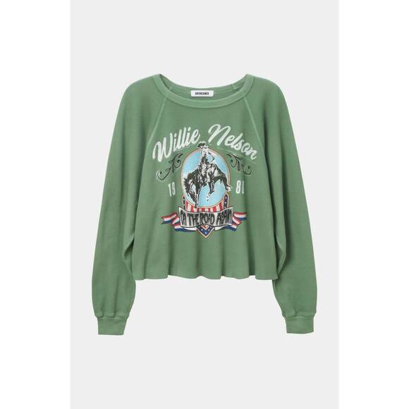 NEW DAYDREAMER willie nelson 1980 cowboy raglan thermal sweatshirt in stone gree - Picture 5 of 5
